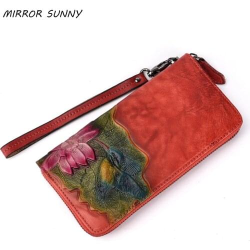 Genuine Leather Women Wallet Imbossed Flower Clutch Long Zipper Purse Vintage Female Wristband Handy Wallet Multi Card Carteira