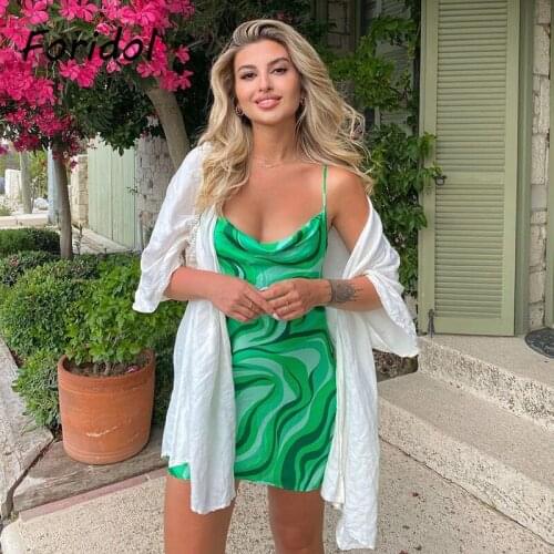 Foridol Strap Zebra Print Green Satin Dress Summer Women Backless Beach Sundress Short Dress Party Robe Femme Sexy Dress Vestido