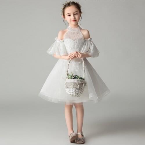 Halter White Lace Flower Wedding Party Gown Girls Short Sleeve Short Dress Children A-Line Princess Dressing Removable Sleeves