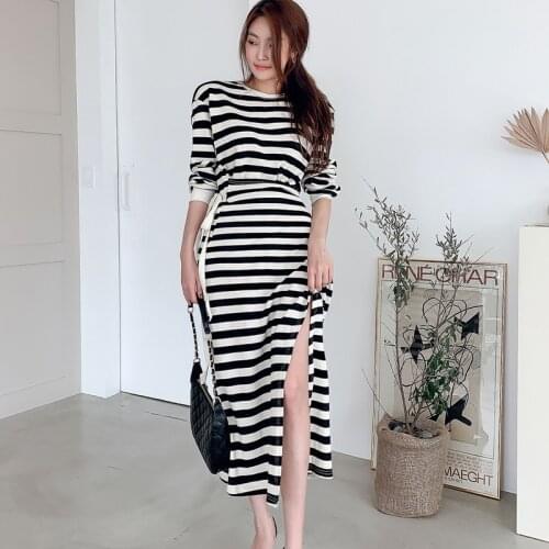 Striped Knitted Midi Dress Women Split High Waist O-Neck Long Sleeve Korean Autumn Office Lady Party Dress Bow Belt Casual B408