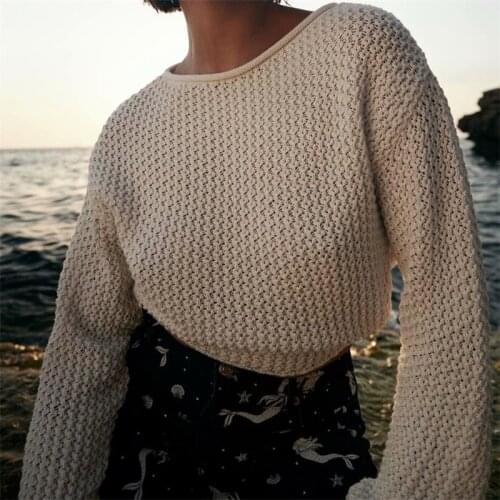 ZXQJ Women 2021 Fashion With Tied Open-Back Crop Knitted Sweater Vintage O Neck Long Sleeve Female Pullovers Chic Tops