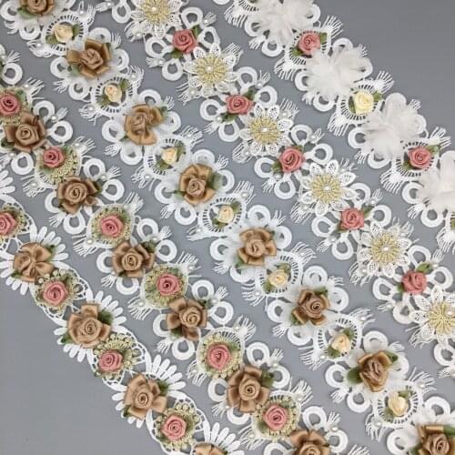 1 Yard Vintage African Lace Fabric Flower Pearl Beaded Lace Trim Wedding Dress Ribbon Embroidered Applique Sewing DIY Crafts