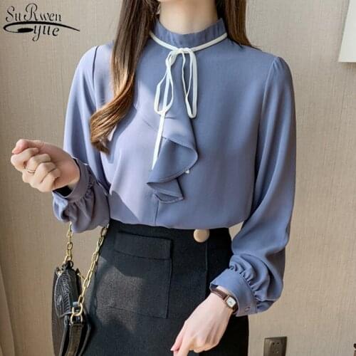 2021 Korean Chiffon Blouse Women Solid Pullover Lantern Long Sleeve Ruffle Shirt Women Office Lady Plus Size Ladies Tops 10509