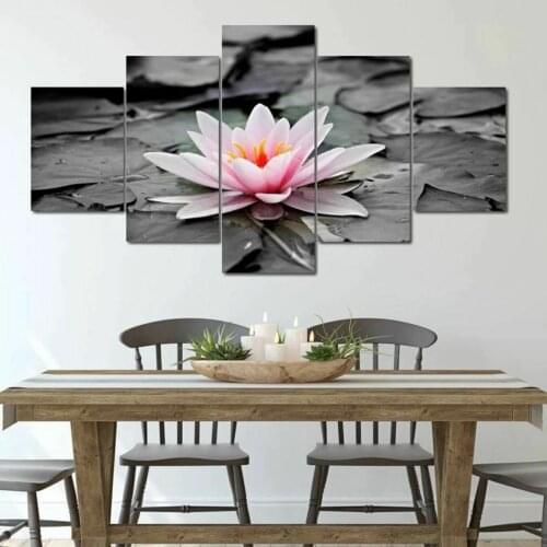 Pink Water Lily Natural Flower 5 Panel Canvas Picture Print Wall Art Canvas Painting Wall Decor for Living Room Poster No Framed