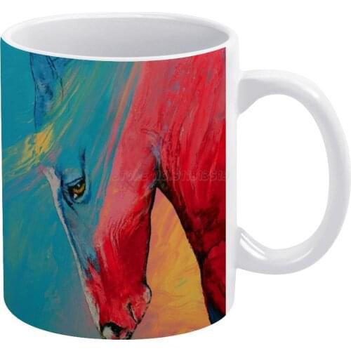 Painted Horse White Mug Coffee Mug Afternoon Tea Christmas Cups Ceramic Mug 330ml for Coffee Red Big Large Abstract Pink Blue Wh