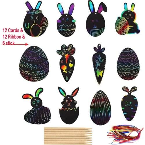 Freeship 12x DIY Scratching Art Painting Easter Bunny Magic Rainbow Color Scratch Off Cards Christmas Ornament DIY Bookmark