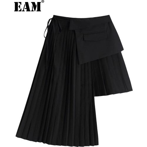 [EAM] High Waist Black Irregular Pleated Bandage Temperament Half-body Skirt Women Fashion Tide New Spring Autumn 2021 1DD5411
