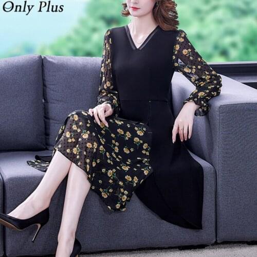 Only Plus Mid-sleeve Dress Female 2021 Spring And Autumn Black Loose Collar Stretch Doll Skirt Elegant Skirt Patchwork V-neck