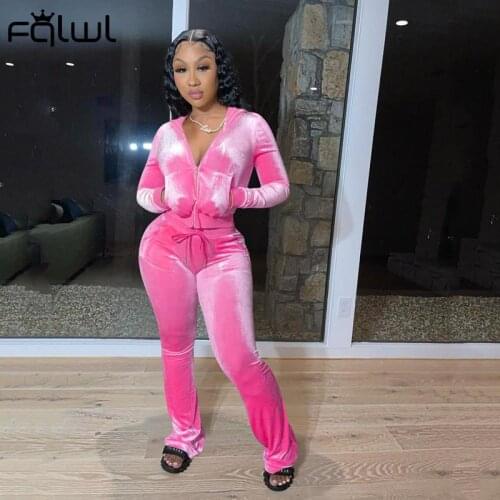 FQLWL Fall Streetwear Black Matching Sets 2 Two Piece Sets Velvet Tracksuit Womens Outfits Zipper Hoodie Tops Flared Pants Suits