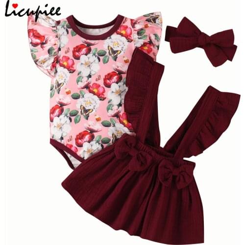 0-12 Months Baby Girls Skirt Three Piece Suit Fashion Flower Fly Sleeve Romper and Solid Suspender Skirt with Headband