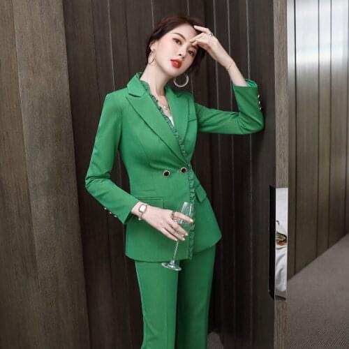 IZICFLY Autumn Winter New Style Green Floral Woman Suits With Pant Two Piece Set Ladies Elegant Business Long Blazer and Trouser