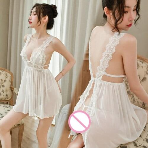 Summer Womens Lingerie Plus Size Sleepwear Cutout Flower V-Neck Nightdress Back Slit Silky Sleeping Dress G-String Robe Sets