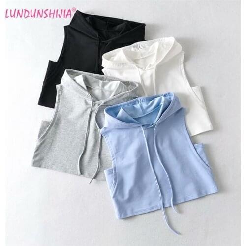 LUNDUNSHIJIA 2021 Spring Summer Women Fashion Sleeveless Hooded Vest Tops Ladies Slim Cotton Crop Tops
