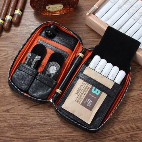 Real Leather Multi Function Cigar Bag Holds 5 Cigars Portable Cigar Tool Storage Bag Cigar Tool Accessories Man Gift
