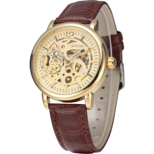 Sewor brand design fashion luxury male leather business skeleton automatic mechanical men military wrist watch gift clock