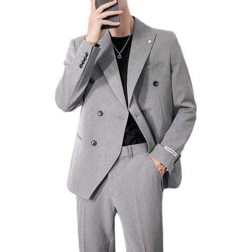 Mens Suits & Blazers 2021(Jacket +Pant) Lightly Cooked Korean Style Slim-fit Double-breasted Casual Loose Suit Solid Color