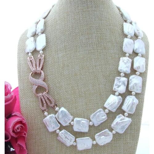 NEW 20" 2 Strands Natural White 16-20mm Rectangle irregular Freshwater Pearl Necklace