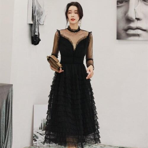 Autumn Cascading Ruffle Lace Dress Women Black Full Sleeve Stand Collar Elegant Office Lady Party Dress Vintage Work Dresses