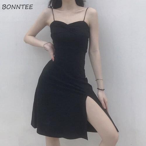 Dresses Women Black Sheath Side-slit Knee-length Sexy Ladies Clothing Camisole Folds Slim Club Party Abdomen Summer Inside Retro