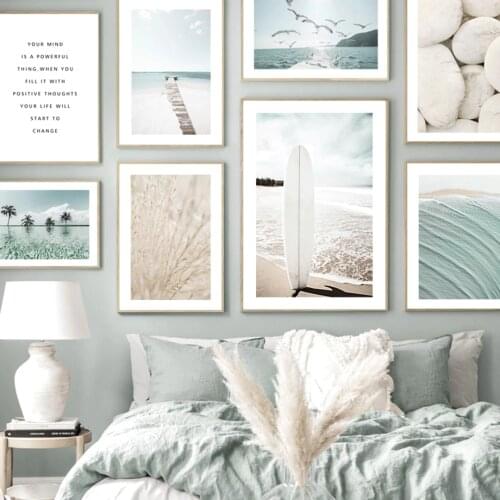 Beach Surf Path Surfboard Reed Palm Leaf Cobble Nordic Poster Wall Art Print Canvas Painting Wall Pictures For Living Room Decor