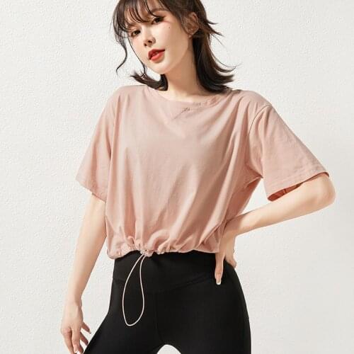 Sports Short Sleeved T-shirt Women Casual Loose Breathable Gym Workout Tops Running Drawstring Waist Yoga Clothes Summer New J35