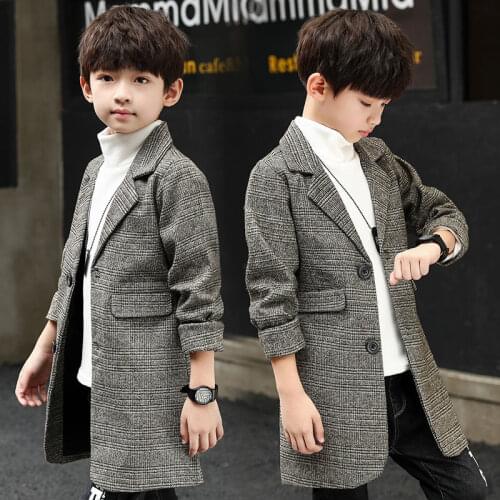 5-16T Boy Teens Fashion Woolen Coat 2021 New Solid Long Turn Collar Single-Breasted Winter Jacket 120-170 High Quality