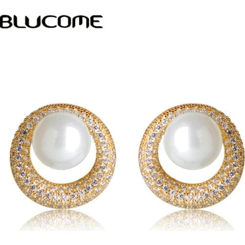 Blucome Fashion Round White Simulated Pearl Earrings Full Rhinestones Copper Stud Earrings For Women Bridal Wedding Party Bijoux