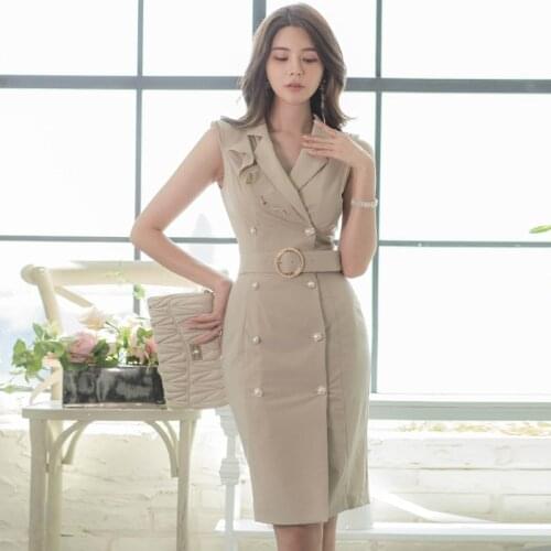 S-XL Plus Size Sheer OL Office Work Dress Woman Sleeveless Double Breasted Midi Tight Dress Ladies with Belt Summer Dress 2020