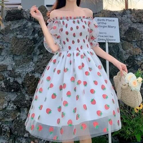 Sequins Strawberry Dress Women Printed High Waist Mesh Female Elegant Party Dress Puff Sleeve Princess Women Dress