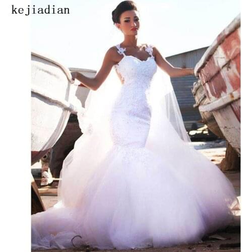 Vestidos De Noiva Romantic White Lace Mermaid Wedding Dresses Bridal Gowns Straps Appliques Tulle See Through Court Train