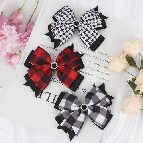 4.5''Back To School Girl Hair Bow Kids Hair Clip Boutique Ribbon Houndstooth Bow Round Rhinestone Hairpin Fixed Hair Accessories