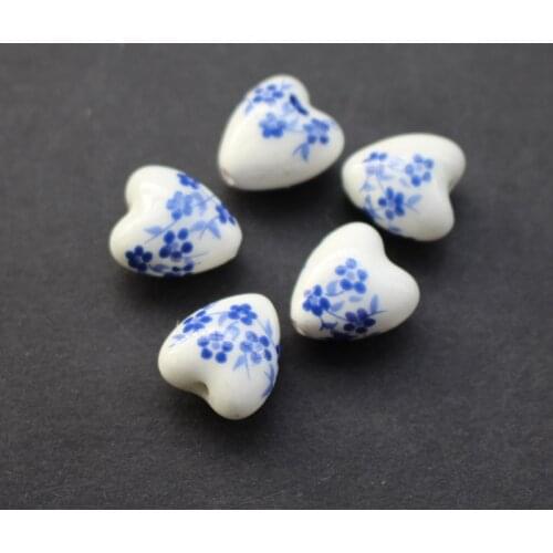 20Pieces 11.6mm*12mm*8.6mm Heart Shape Ceramic Beads Flower beads Blue Blossom A for jewelry making 3704