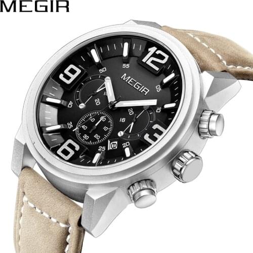 MEGIR Luxury Brand Sport Watch Men Quartz Watches Fashion Causal Big Dial Clock Chronograph Leather Soldier Wrist Watch 3010