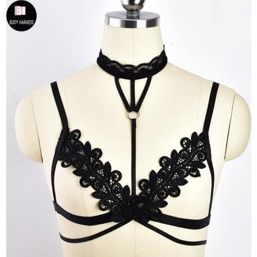 Black Lace Collar Body Harness Bra Cage Sexy Lingerie Crop Top Bustier Bondage Harness Goth Fetish Rave Pole Dance Harness Belt