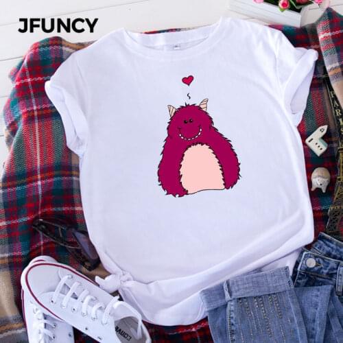 JFUNCY Plus Size Cute Little Monster Graphic Tee Tops Women Casual Summer Cotton T-Shirt O Neck Short Sleeve Female T Shirts