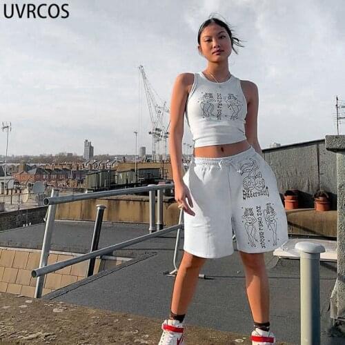 UVRCOS Woman Shorts Set Printed Angel Summer New Fashion Sleeveless Crop Tops+Wide Elastic Sweatpants Workout Jogging Tracksuits