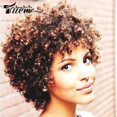 Trueme Wigs Human Hair Short Curly Wigs For Black Women Brown Color Brazilian Afro Kinky Curly Remy Human Hair Wig Machine Made