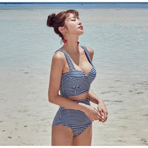 Women Sexy Bikini Set Vintage Plaid Back Tie Bow High Waist Split Push-Up Padded Steel Ring Beachwear womens swimming suit