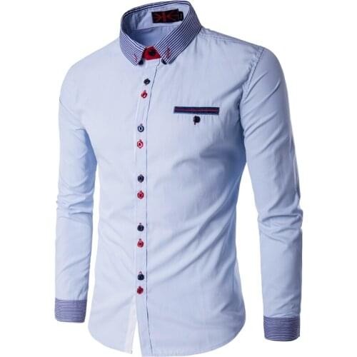 2018 Autumn Contrast Color Turn Down Collar Long Sleeve Shirts Men Casual Button Down Dress Shirt Male Business Luxury Shirts