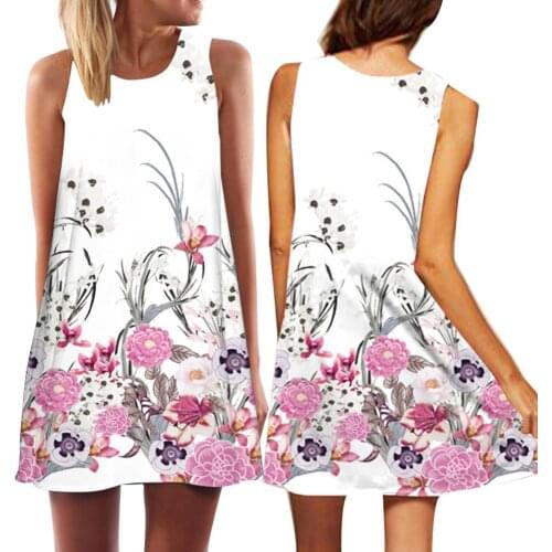 New Fashion Summer Women Floral Print Sleeveless O Neck A Line Party Banquet Dress