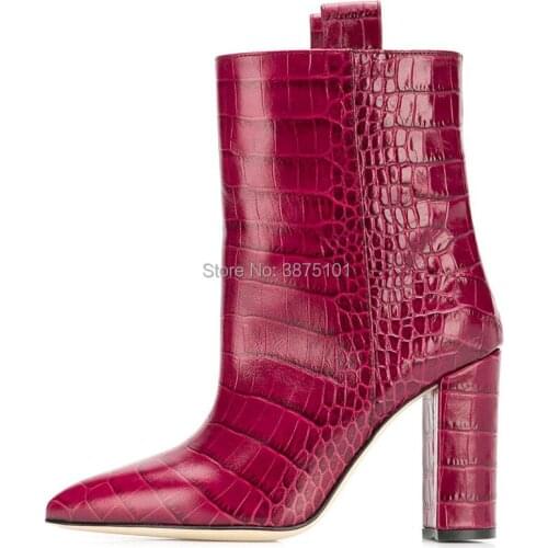Autumn PU Leather Ankle Boots Red Pointed Toe Women Boots 10cm Chunky Heels Ankle Boots for Women Pumps Shoes Woman Booties
