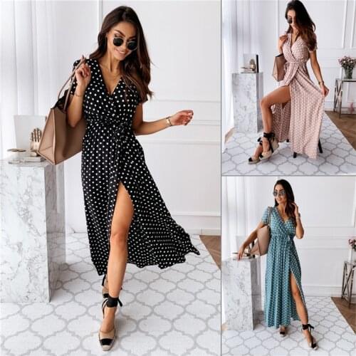 Women Sexy Polka Dot Dresses Summer Fashion Short Sleeve V-Neck Split Maxi Dress Female Boho Beach Party Dress Vestidos 2021