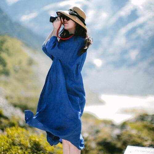 Spring Summer New Cotton Linen Womens Clothes Loose Comfortable Literary Long Dress Women Elastic Neckline robe