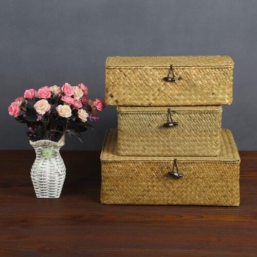 Woven Storage Box with Covers Large Seagrass Basket Food Cosmetics Toys Sundries Clothes Organizer Home Bathroom Decor