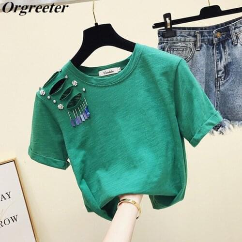 2019 Summer New loose short-sleeved T-shirt Womens INS Fashion Hollow Hole Diamond Beading Solid Casual Cotton Tshirt Tops