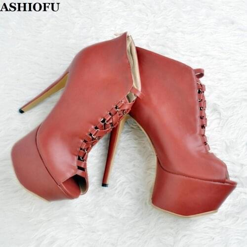 ASHIOFU New Handmade Womens High Heel Boots Cross Shoelace Peep-toe Autumn Party Ankle Boots Sexy Platform Evening Boots Shoes