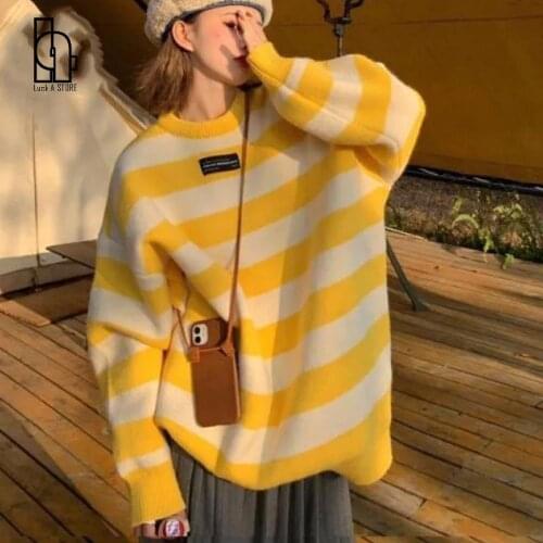 Luck A Women Autumn Winter 2021 New Loose Pullover Striped Knitted Sweater Korean Fashion Long Sleeve Black Pink Blue Jumper