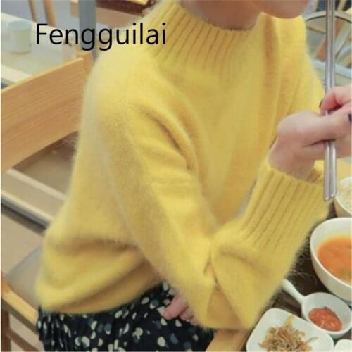 FENGGUILAI New Korean Women Knitted Sweater Autumn Winter Yellow Mink Cashmere Soft Warm Pullovers Casual Loose Stand Collar Top