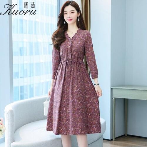 Women Autumn Casual Long Sleeve Dress Spring V Neck Chiffon Vestido Midi Robe Femme Chic Floral For Party Aesthetic Vestidos