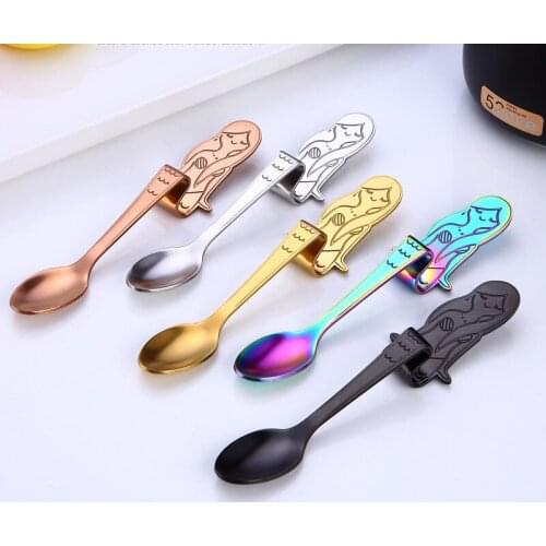 5pcs/set 304 Mermaid Stainless Steel Coffee Mixing Tea Spoons Long Handled Spoon Set Hanging Kitten Coffee Spoon Color Jam Spoon